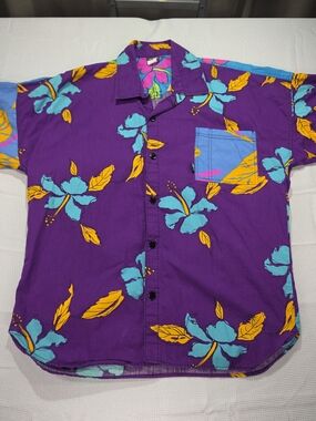 Floral Cotton Button-Up Shirt Purple & Blue XL. Made In USA